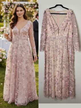 Mac Duggal Dress 16 Pink Lace 3D Floral Butterfly Embroidered Embellished Formal